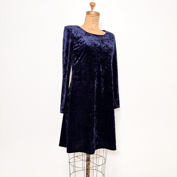 Vintage 90s Long Sleeve Dark Blue Crushed Velvet Empire Waist Dress Size 8 - Picture 2 of 14